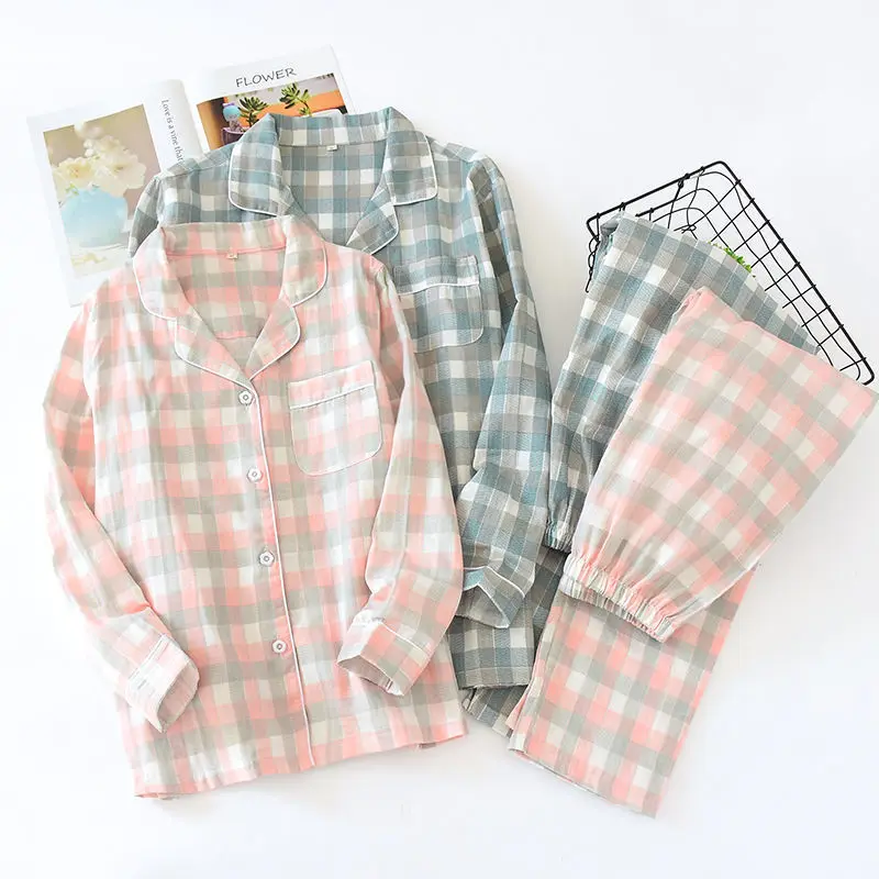 2021 New Spring Women Pajamas Set 100% Cotton Turn-down Collar  plaid Long-sleeve Sleepwear Homewear Nightshirt Casual Wear