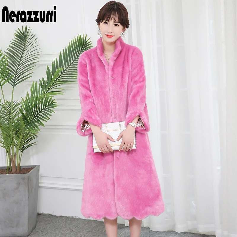 

Nerazzurri Winter Long Fake Mink Fur Overcoat Women Stand Collar Rose Red Warm Long A Line Fluffy Faux Fur Coat Korean Fashion