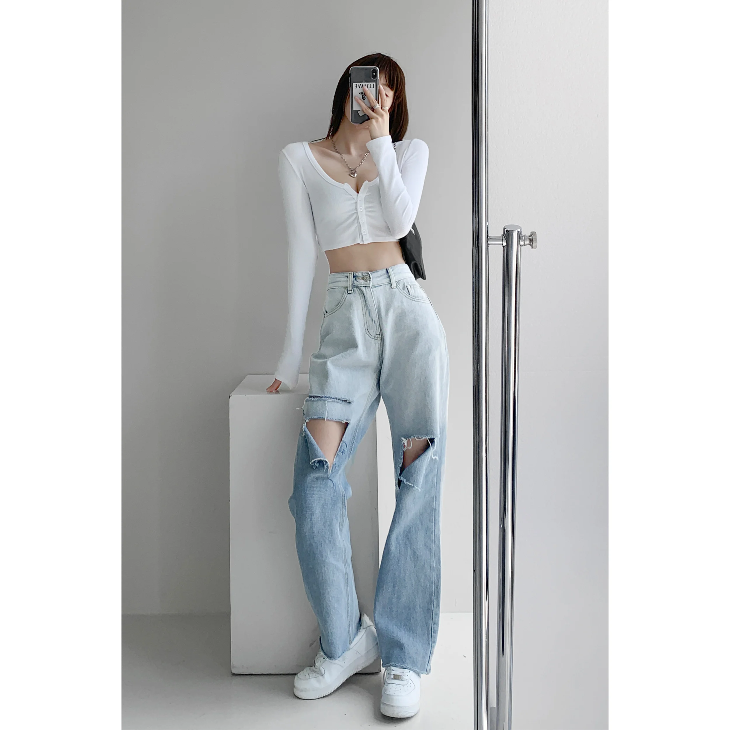 

Женские джинсы с градиентными цветами, женские джинсы с вырезами на коленях, женские джинсы из джинсовой ткани, свободные драпированные брю...