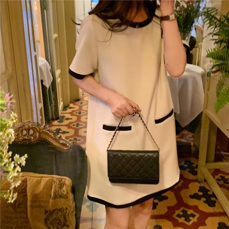 

Korejpaa Women Dress 2021 Summer Korean Fashion Simple Temperament O Neck Contrast Design Loose Wild Short Sleeve Short Dresses