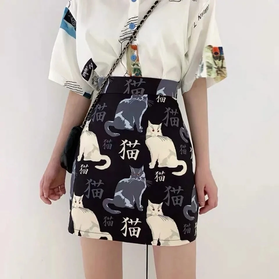 Летняя юбка в японском стиле Харадзюку с графическим принтом кошки тонкая черная