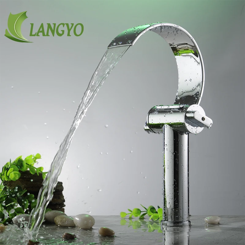 

LANGYO C-shape Tall Chrome Basin Faucets Cold Hot Waterfall Spout Deck Mounted Taps Double Handles Brass Faucet