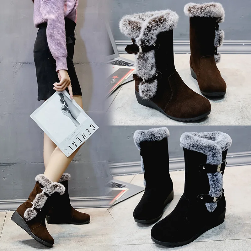 

Women's Snow Boots Thick Plush Warm Cotton Boots 2021 New Belt Buckle Wedges Mid-calf Boots Wearable Non-slip Cozy Winter Shoes