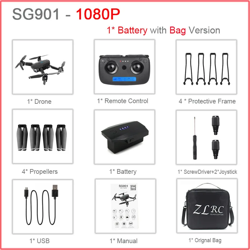 SG901 RC селфи Дрон 4k 1080P HD Двойная камера Складная следуя за мной FPV Профессиональный Дрон долгое время Летающий вертолет детские игрушки - Цвет: 1Battery1080PBag