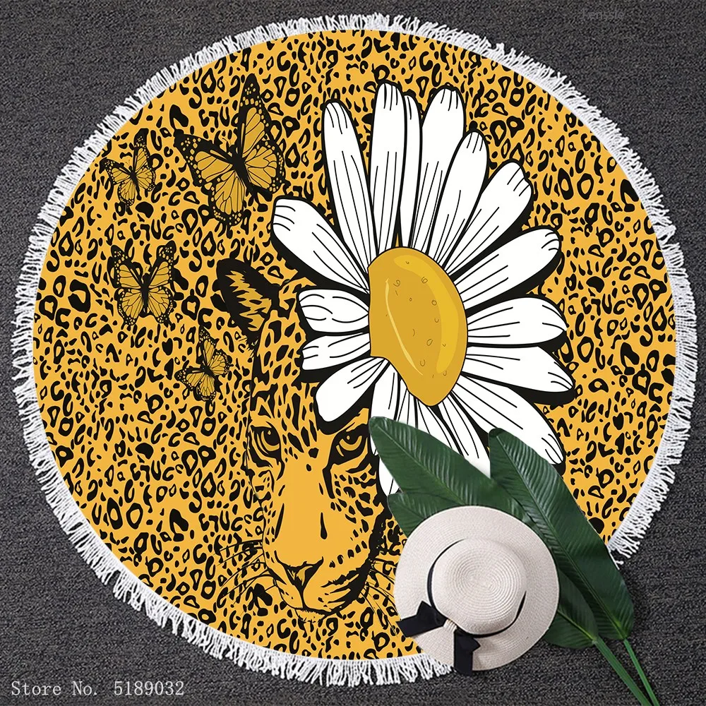 

150cm Round Beach Towel Leopard Colorful Microfiber Bath Towel Flower Butterfly 3D Print Tassel Towel Yoga Mat Throw Blanket