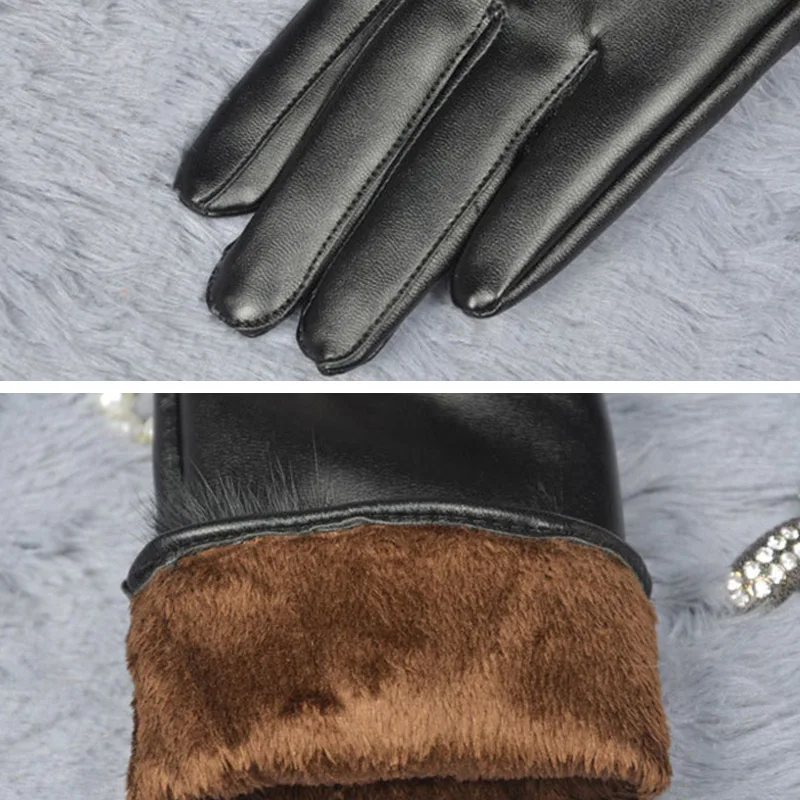 Женские зимние перчатки из искусственной кожи теплые с сенсорным экраном|pu leather