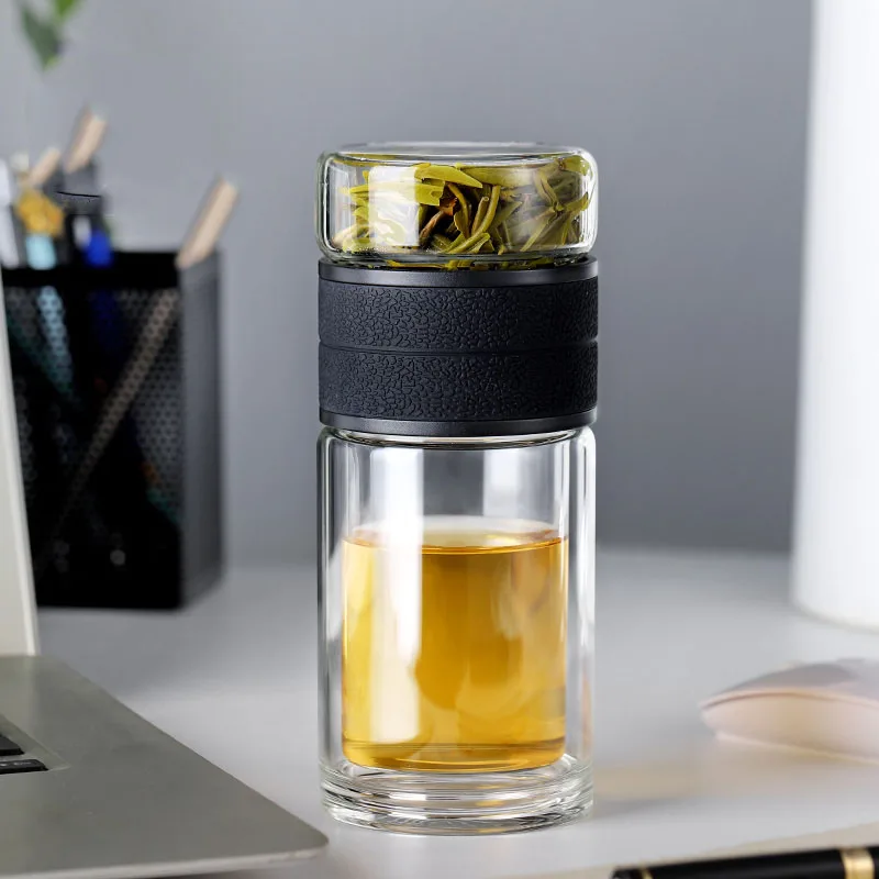 300ml Black Двухслойная стеклянная бутылка, креативная Высококачественная боросиликатная стеклянная чашка, чайная чашка, разделительная бутылка для воды 320 мл+ 200 мл - Цвет: 300ml Black