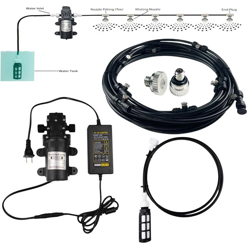 DC12V Water Pump Sprayer Patio Mist Cooling System UNC 10-24 Silver Nozzles Mister Kit  6-18 Meters