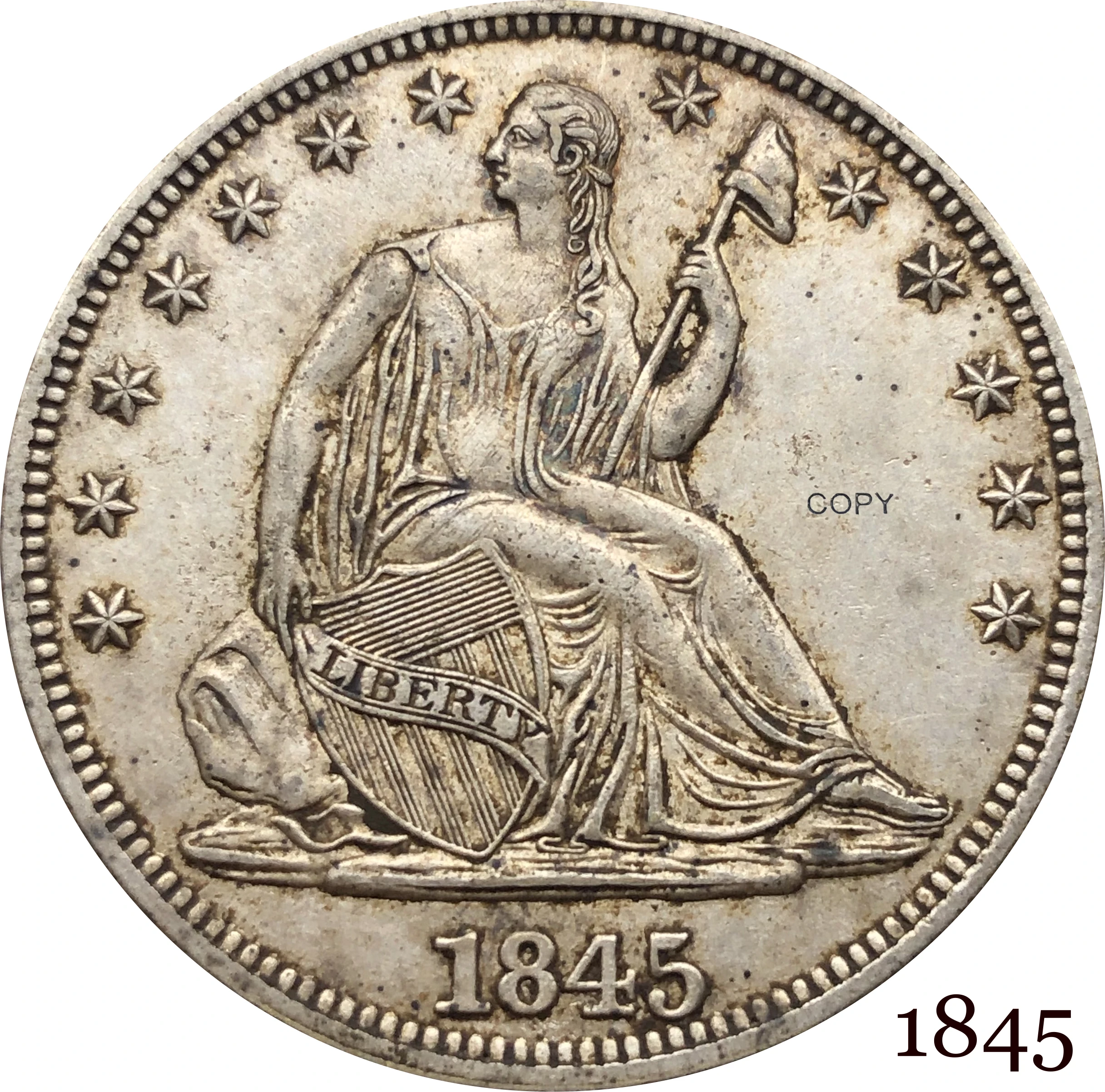 

Соединенные Штаты Америки, США, 1845 долларов США, 1/2, сидение, свобода, половина доллара, купроникель, Посеребренная копия под орлом, монета бе...