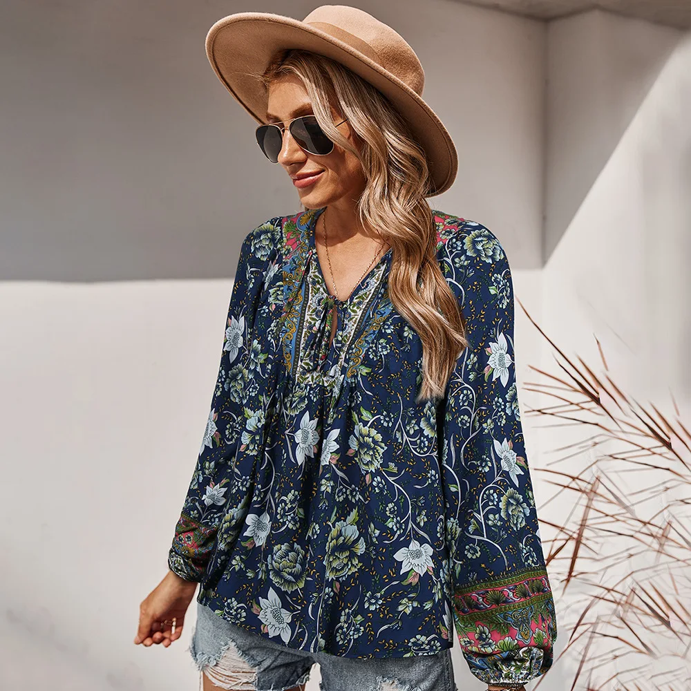 

2021 New Casual Fashion Summer Women's Rope Romantic Holiday Printed Top