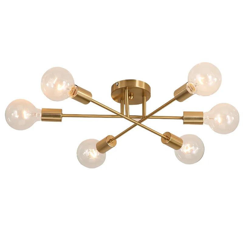 

Modern Sputnik Chandelier Lighting Fixture Nordic Semi Flush Mount Ceiling Lamp Brushed Antique Gold Lighting 6-light Home Decor