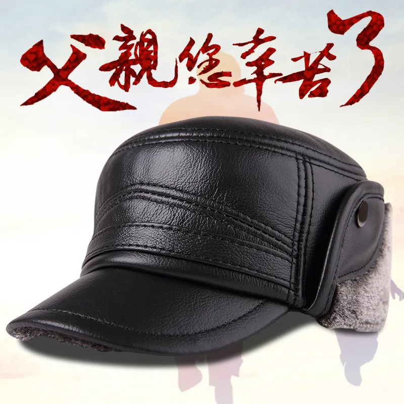 

Men's Leather Army Military Hat Flat Cap Velvet Dad's Hats Winter Thick Warm Earmuffs Cap Genuine Leather Hat