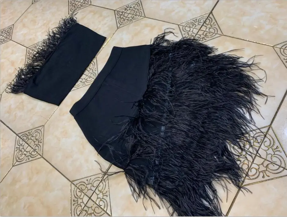 

Winter Style Women Sexy Strapless Backless Feather Black Two Piece Bandage Set 2020 Celebrity Designer Fashion Women's Set