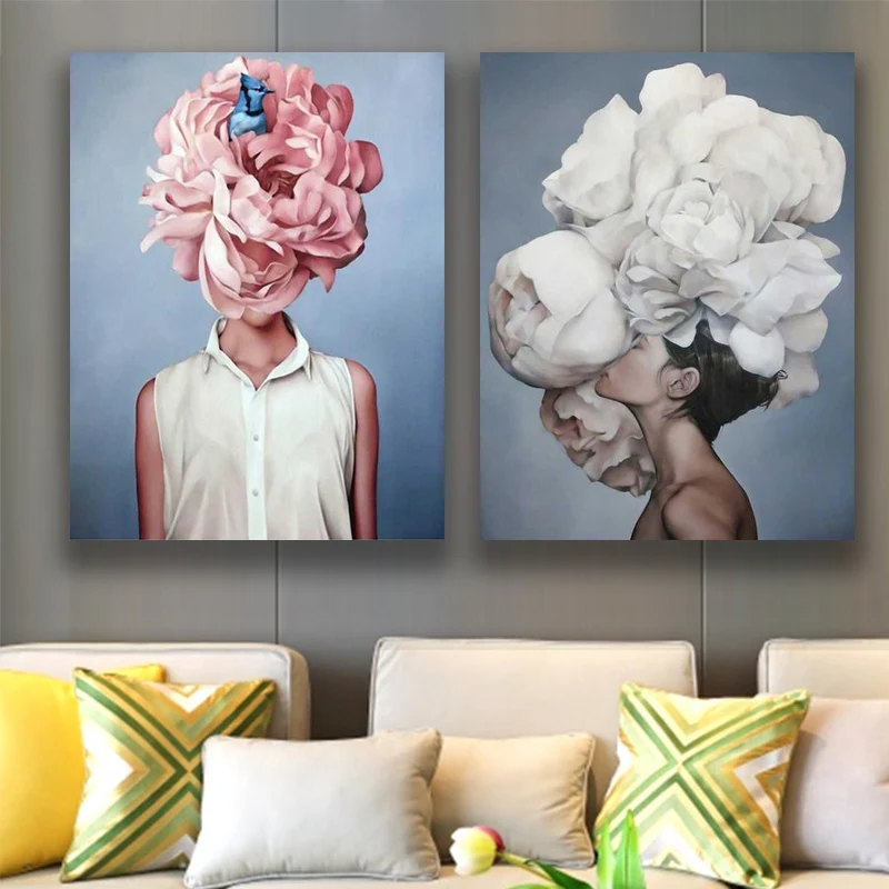 

Hand-painted Flowers Feathers Woman Bird Abstract Color Printed Canvas Wall Art Painting Picture Nordic Living Room Home Decor