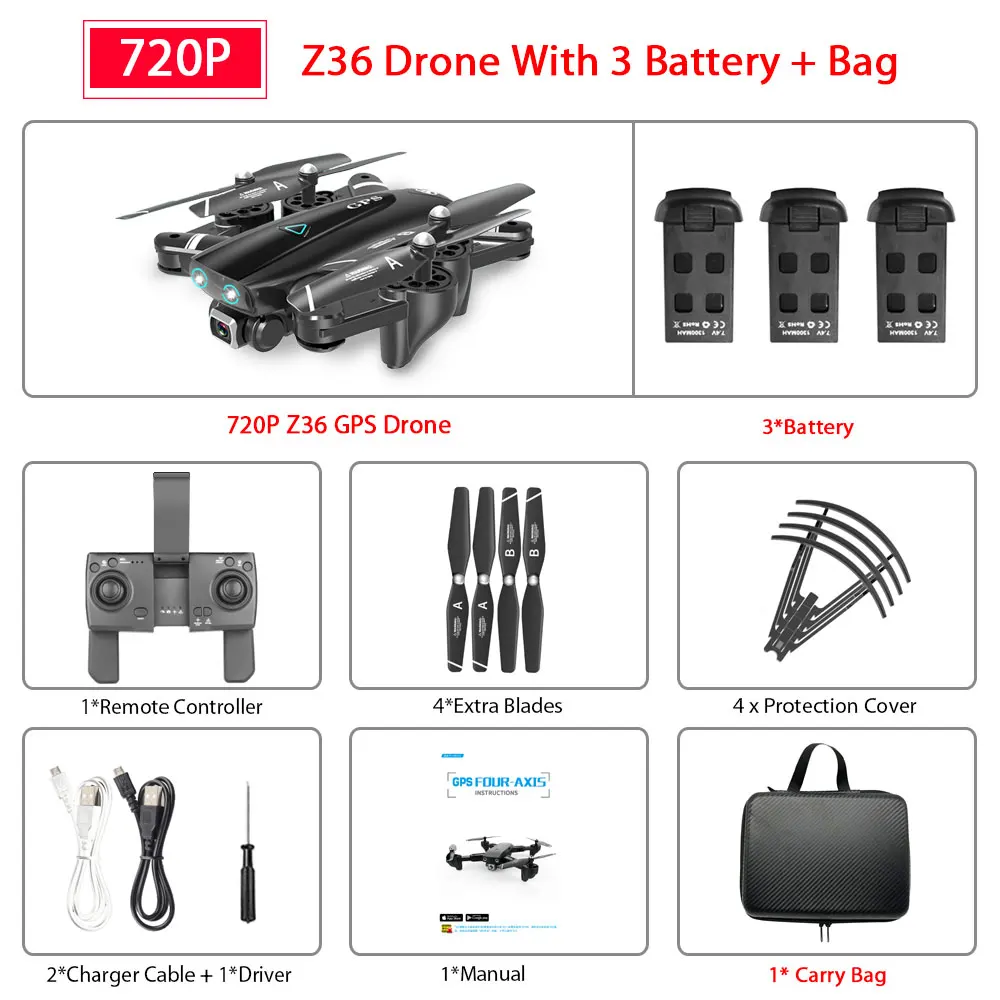 ZWN Z36 gps Квадрокоптер с 720 P/1080 P/4 K HD камерой Rc вертолет gps с фиксированной точкой wifi FPV Дрон следуй за мной режим vs SG900-S E520S - Цвет: 720P 3B Carry Bag