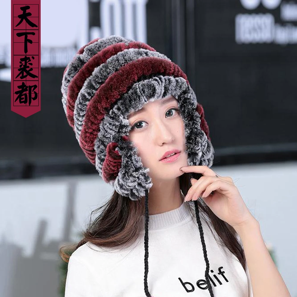 Lady Real Fur Earflap Hats Women Natural Rex Rabbit Fur Beanies Cap Russian Winter Warm Genuine Fur Hat Wholesale