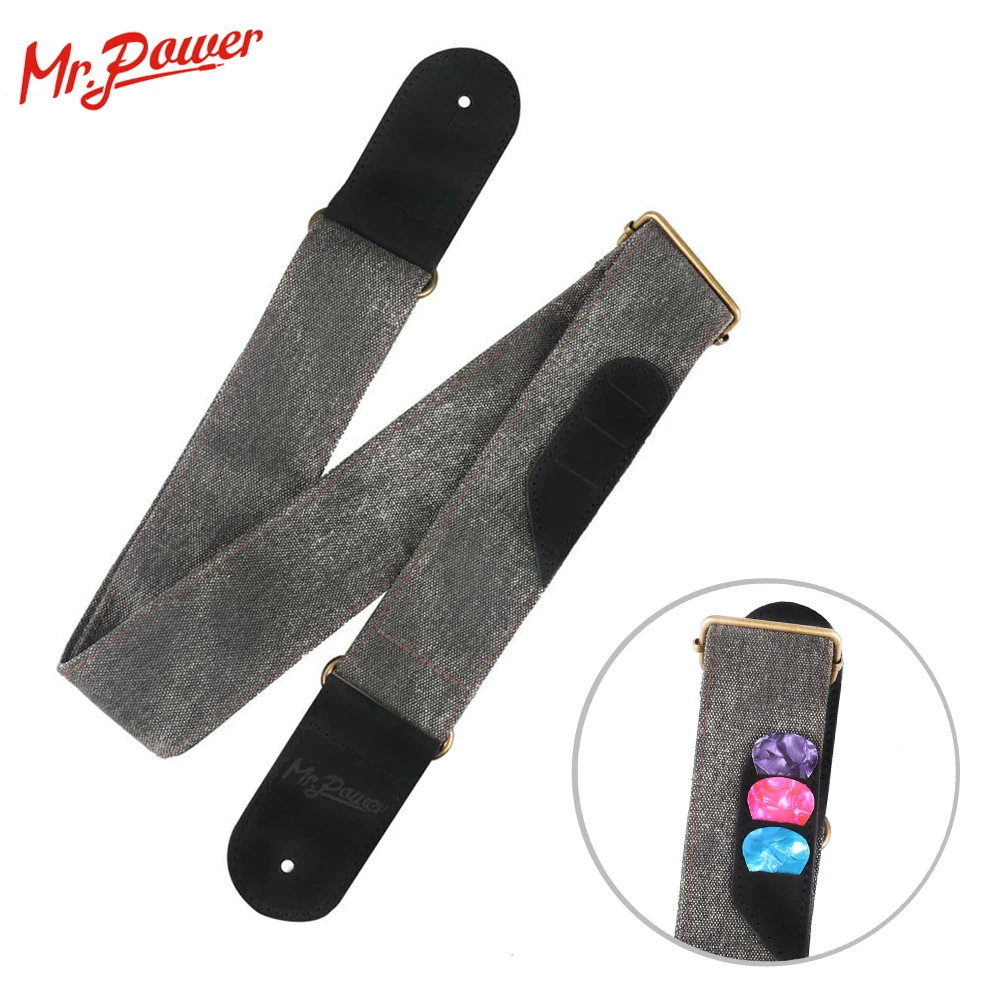 

Adjustable Jeans Guitar Strap Gray Denim Guitar Belt with 3 Picks Holder Leather for Acoustic Electric Guitar Bass 3 Gift Picks