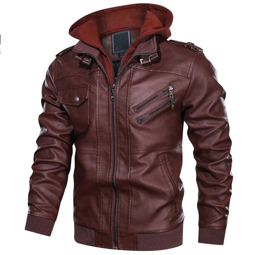 

Men Outwear PU Leather Jackets Coat High-quality 2019 Autumn Winter Fashion Zipper Detachable Hat with Pockets J55