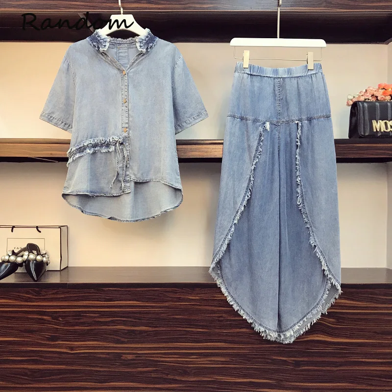 

Джинсовая одежда 2021 новые летние женские сандалии большого размера плюс костюм топ и юбка с бахромой Широкие джинсовые штаны, спортивный ко...