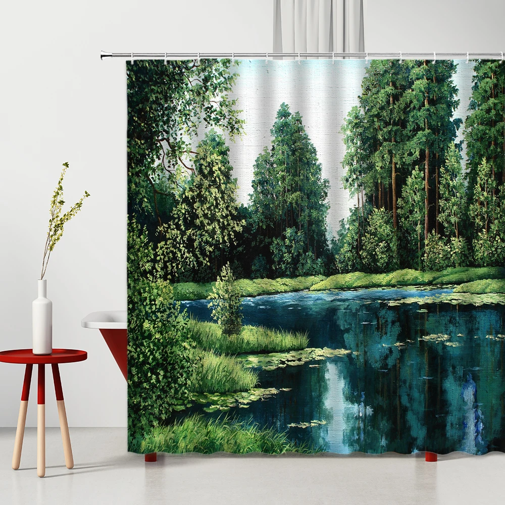 

Autumn Fallen Leaves Shower Curtain Scenery Oil Painting Art Arch Bridge Washable Bathtub Decor Natural Landscape Bath Curtains