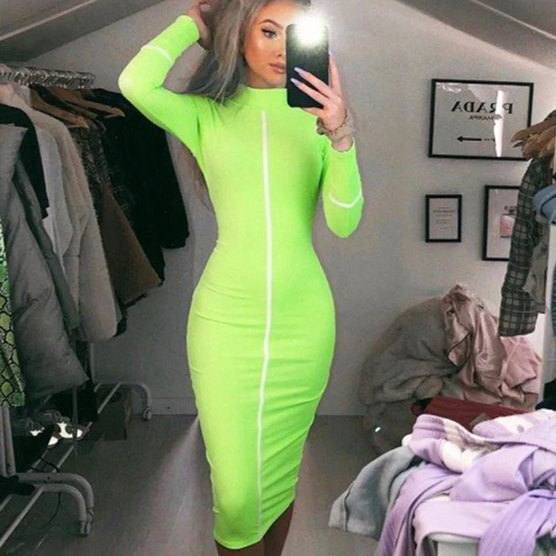 Женское неоновое платье с длинным рукавом повседневное розовое облегающее