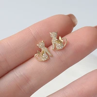 romantic 14k gold plated cute small cat stud earrings japanesekorea delicate jewelry zircon earrings for women