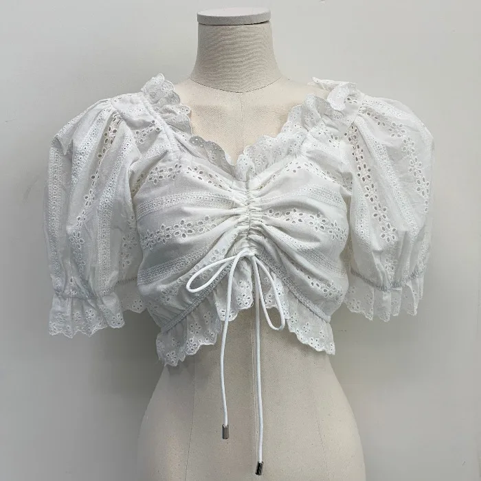

Korean Chic Temperament Sexy V-neck Crocheted Hollow out Pleating Knotted Short Leaking Navel Puff Sleeve Shirt Female
