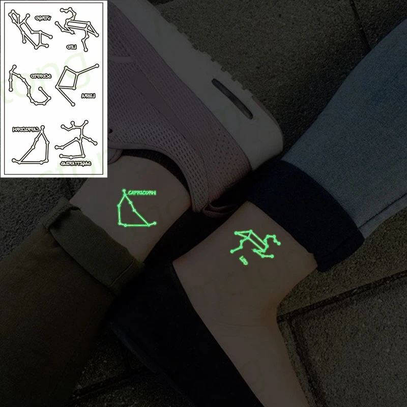 Сияющая наклейка-татуировка Зодиакальная Созвездие Овен Лев Дева Женщины Водонепроницаемая Временная Телесное Искусство Вечеринка Тату-наклейки Девушки.