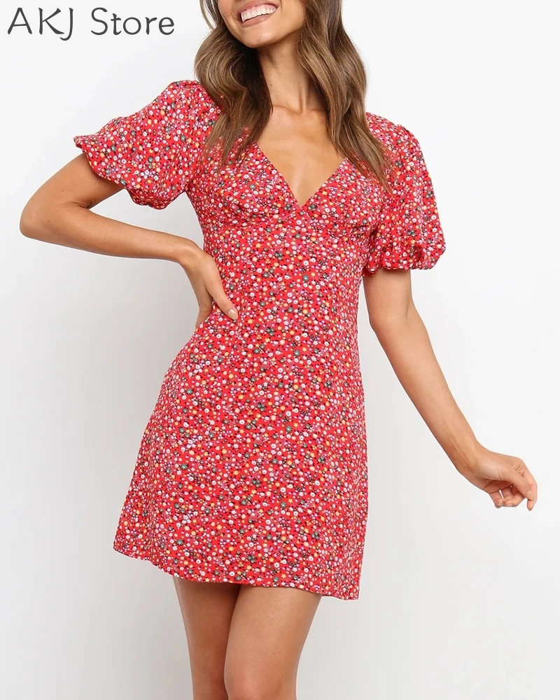 

Summer Women Floral Print Lantern Sleeve Lace-up Backless Mini Dress Femme Vestidos