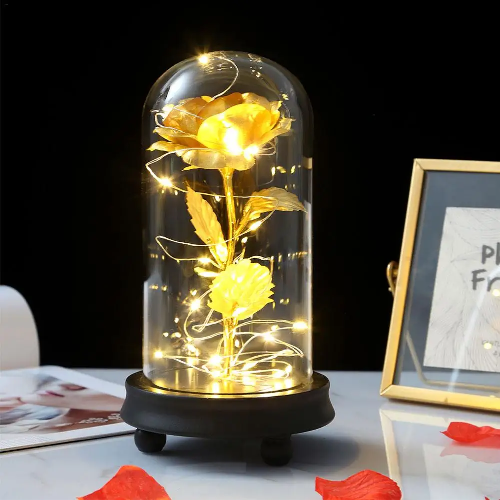 Красная роза в колбе ночная лампа стеклянный купол деревянная основа