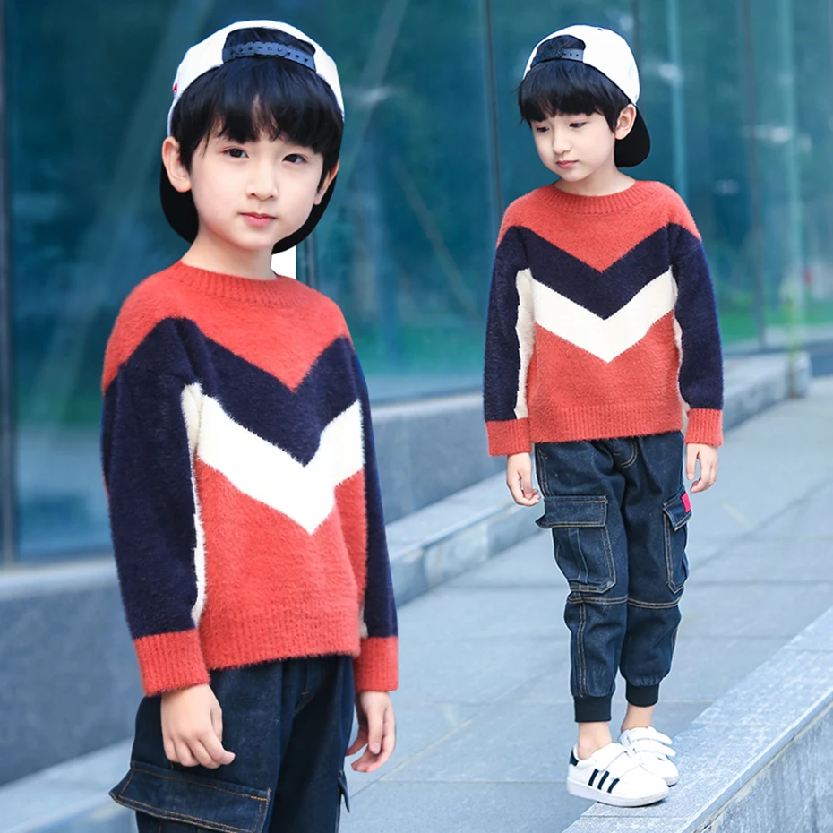Свитер для мальчиков свитер в полоску стиле пэчворк детский пуловер с круглым