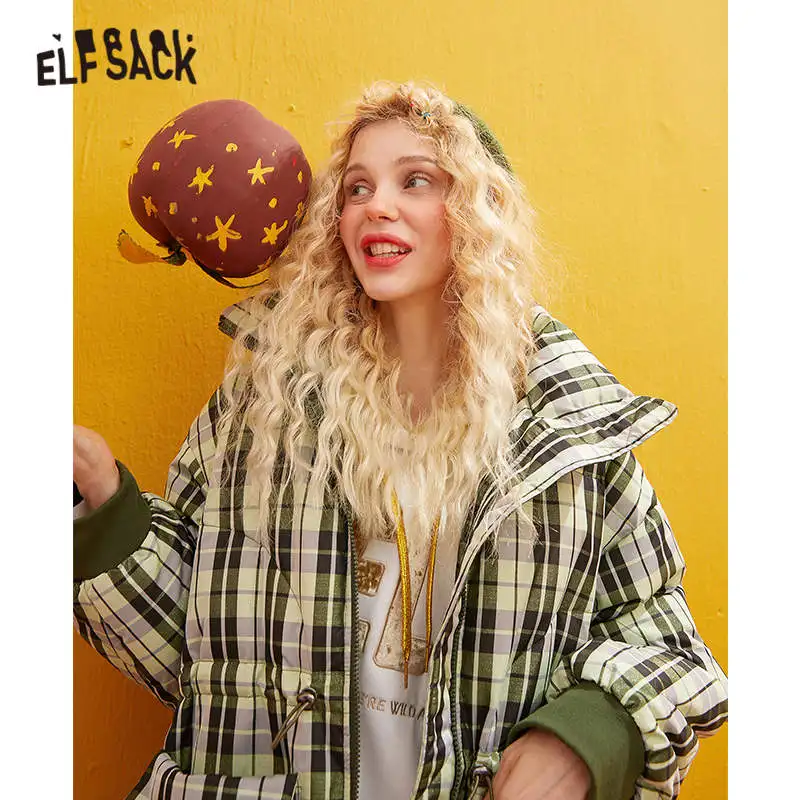 ELFSACK зеленое в клетку эластичное на завязках прямое теплое пальто для женщин зима
