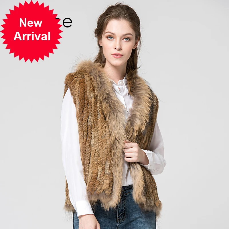 

VR033 новый вязаный жилет из кроличьего меха с мехом енота, цветной жилет, одежда без рукавов, жилет, натуральный коричневый/серый/черный