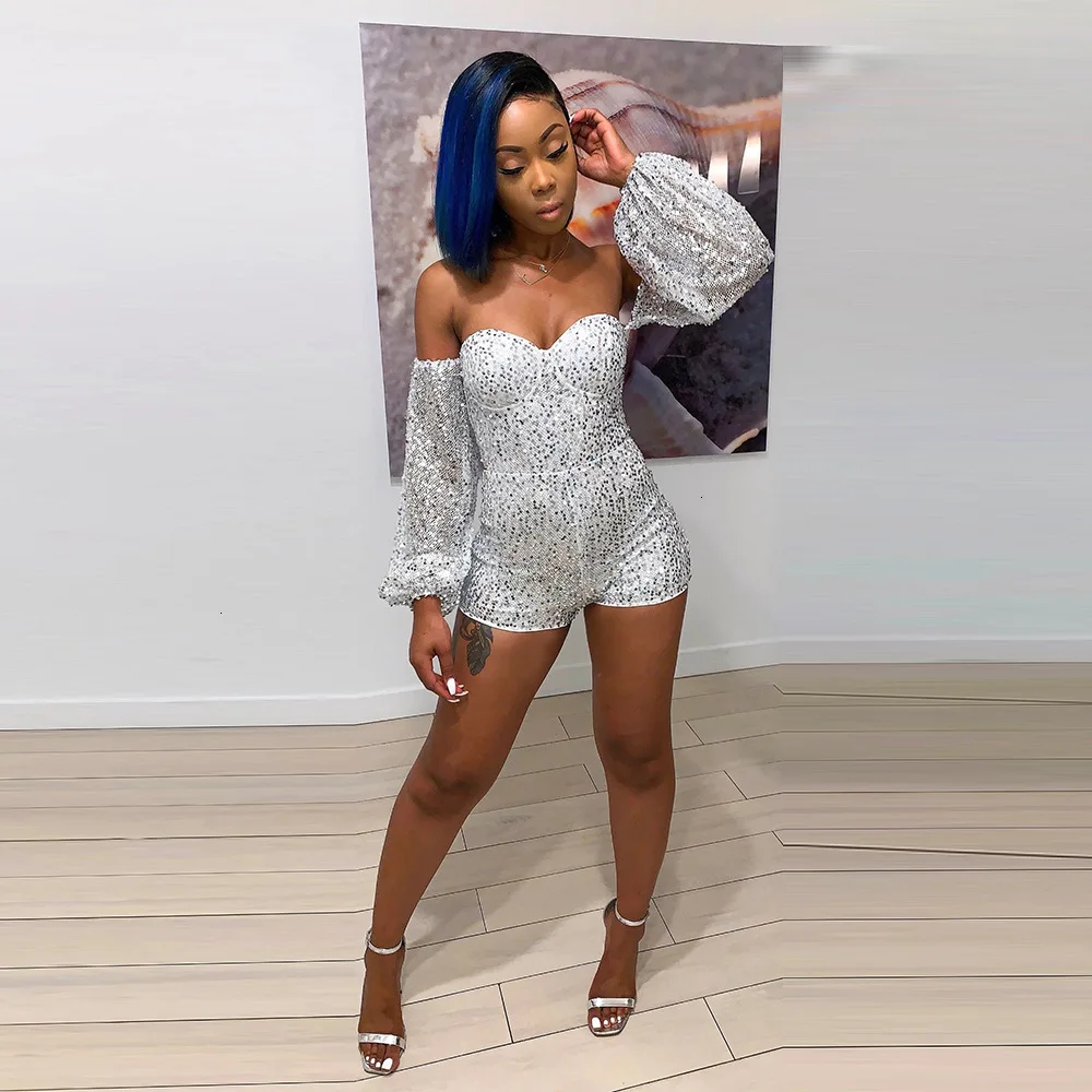 Feditch Off Shoulder Sequined Sexy Jumpsuit Women Club Wear Party Playsuit Gold Elegant Female Glitter Playsuit New Rompers