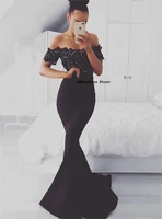 sexy black mermaid one shoulder prom dresses 2022 lace top short sleeves sweep train party gowns reobes de cock tail plus size
