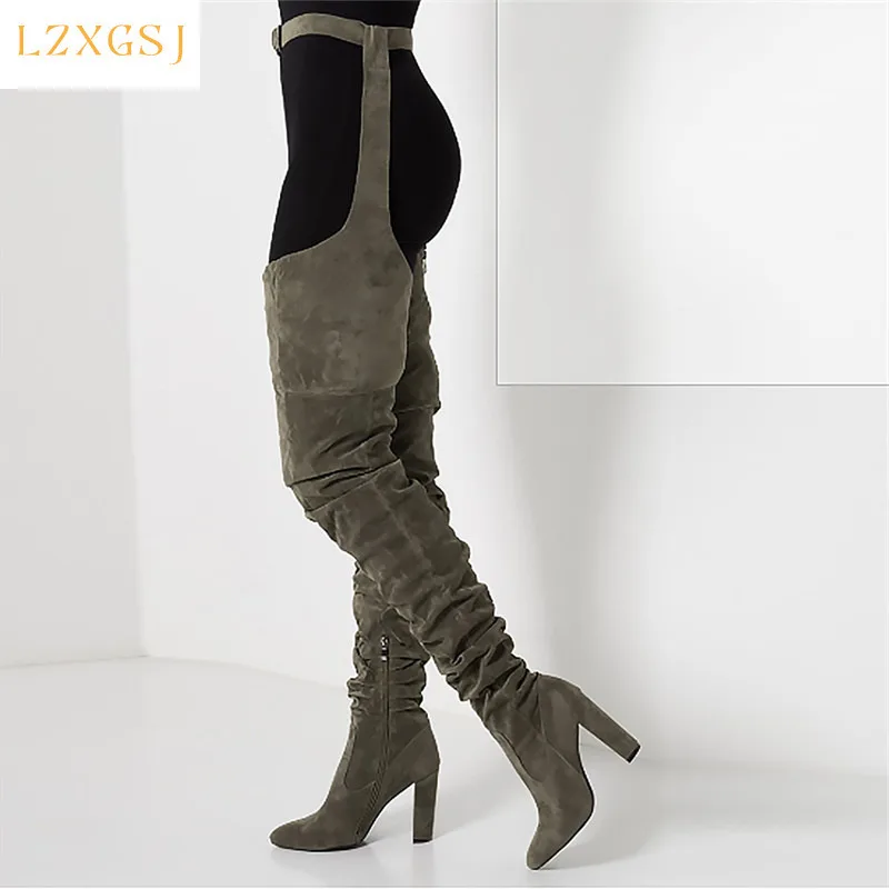 Women Sexy Waist Strap Over Thigh Knee Boots Long High Block Thick Heels Bootie with Pointed Toe Suede Leather Shoes Botas