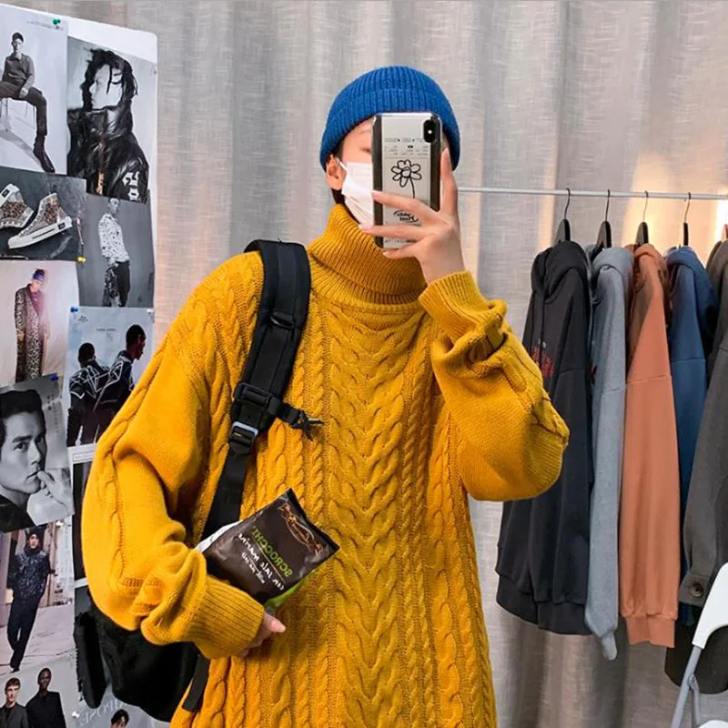 Свитер мужской вязаный осенне-зимний однотонный с высоким воротником винтажный