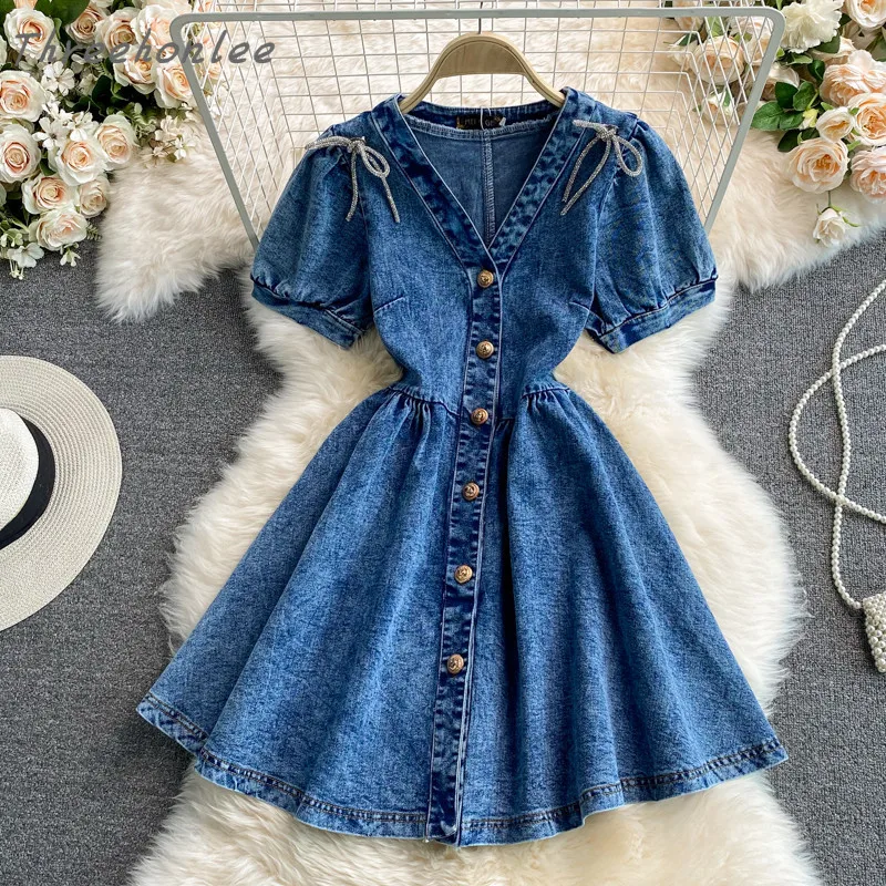 

High Quality Women Elegant Sweet Style Single Breasted Short Sleeve V-Neck Bow High Waist Summer Denim A-Line Dress