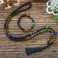 8mm natural tiger eye black onyx african turquoise beaded mala necklace meditation yoga 108 japamala tibetan rosary jewelry sets