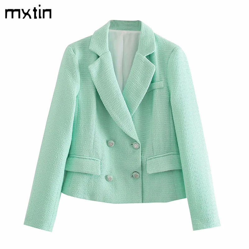 

2021 Women Fashion Solid Tweed Jacket Coat Vintage Pockets Lapel Collar Double Breasted Office Lady Female Outerwear Chic Tops