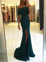 2020 new dark green mermaid dress evening high split boat neck off the shoulder satin long prom gowns simple party dresses cheap