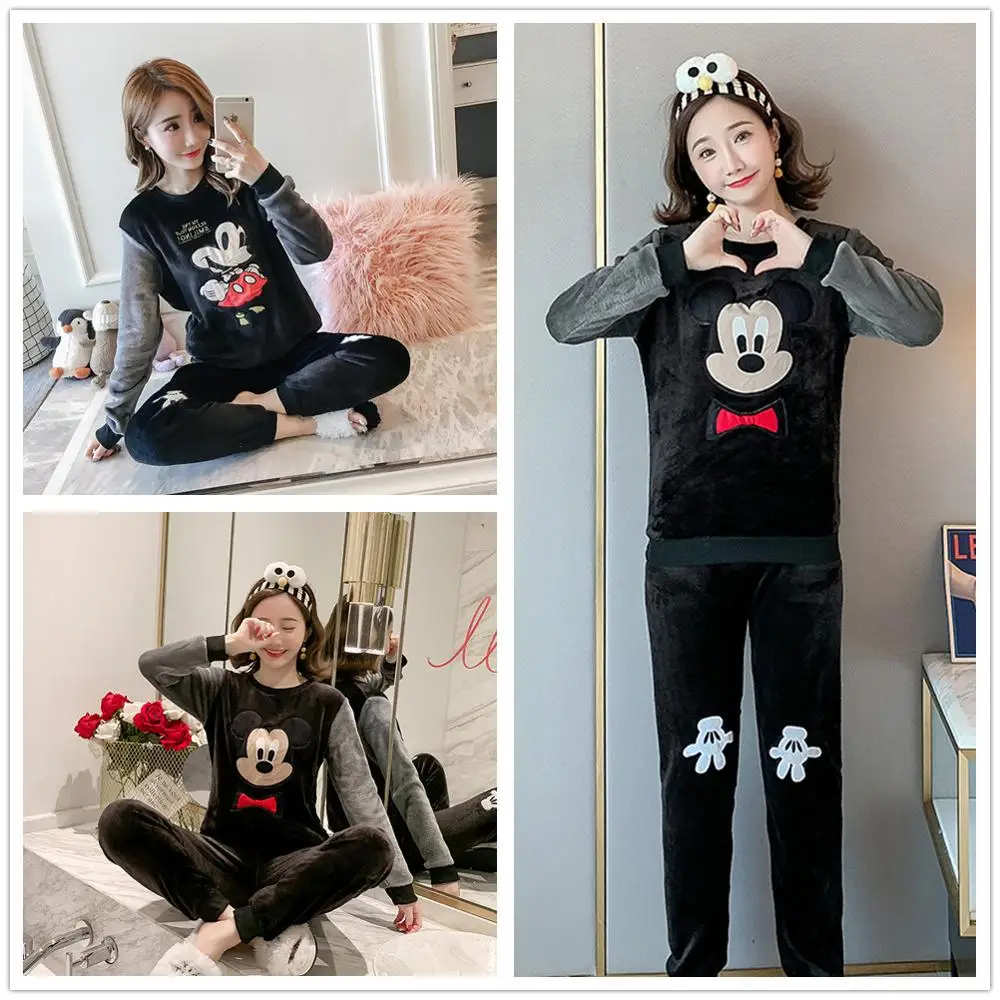 Женская Фланелевая пижама с Микки и Минни теплый пуловер длинным рукавом штаны