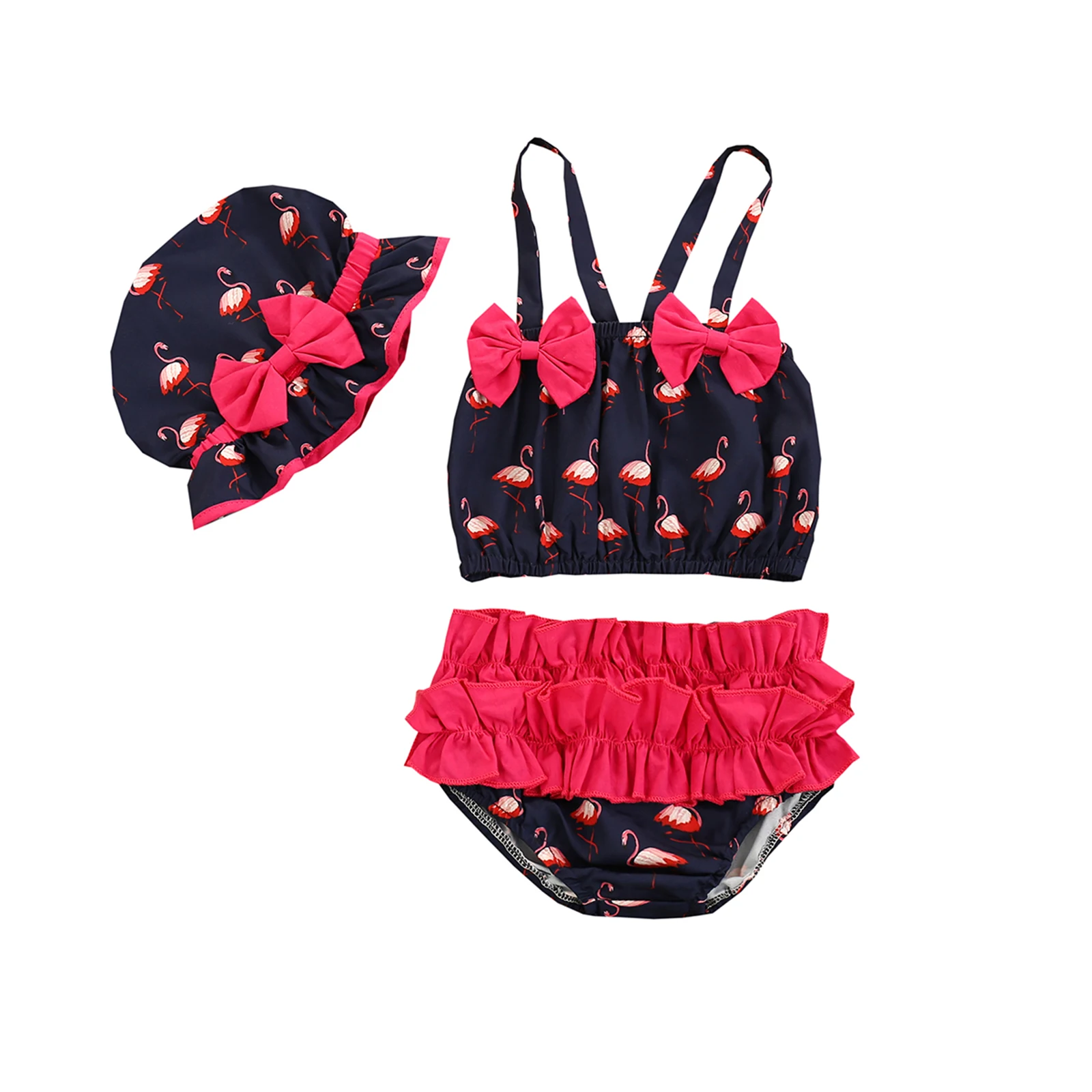 Купальник для маленьких девочек из 3 предметов с принтом фламинго на бретельках