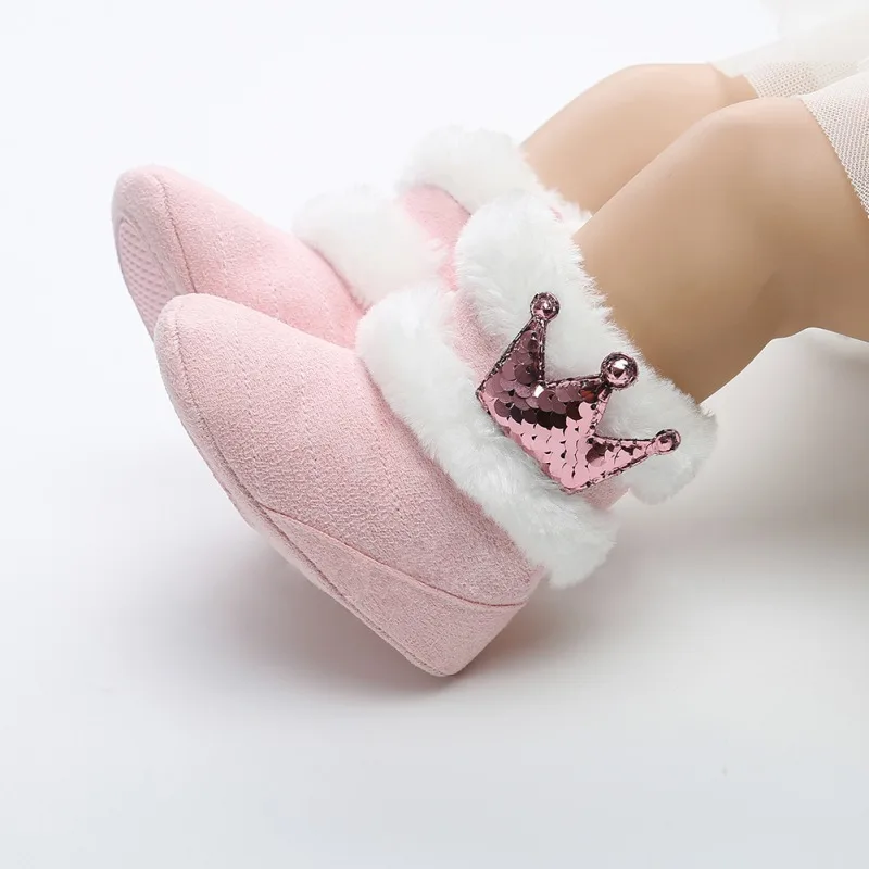 

Newborn Baby Shoes Winter Warm Baby Boots Crown Fur Slip-On Furry Infant Warm Prewalkers Soft Sole Shoes for Girls 0-18M New