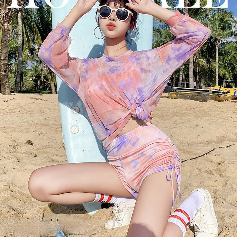 Bikini Sets Women 3 Pieces Tie-dye Summer Popular New Fashion Beachwear Chic Slim Sexy Swimsuits High Waist Soft Ladies Ulzzang | Женская