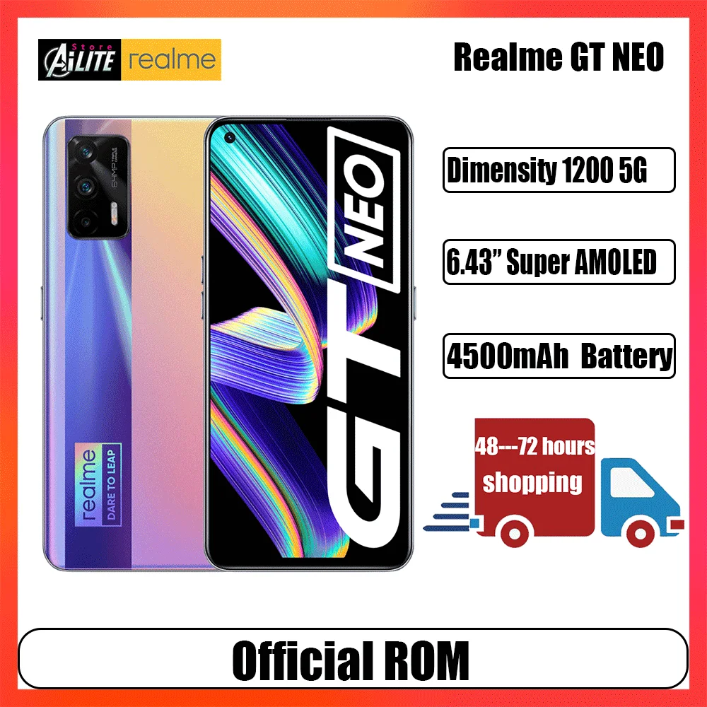 Original Realme GT Neo 5G Smartphone Dimensity 1200 Octa Core 6.43" FHD+ 120Hz Super AMOLED 50W Fast Charger 64MP Triple Camera