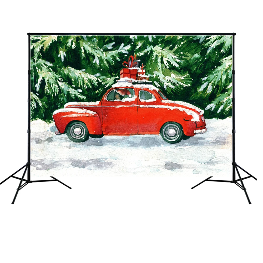Красный автомобиль пейзаж со снегом сосны Рождество фон для ребенка мальчик