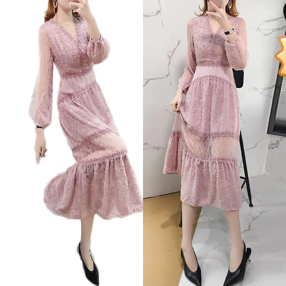 

WinterSpring Summer Deep V-Neck Lace Dress Women Vintage Princess Long Sleeve Dress A-Line Pink Party Mid-Calf Dresses