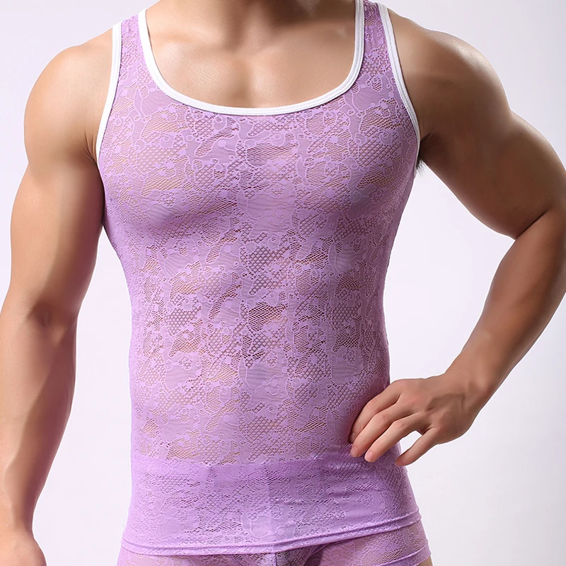 Мужская Летняя стильная Прозрачная Кружевная майка с цветочным рисунком мужская