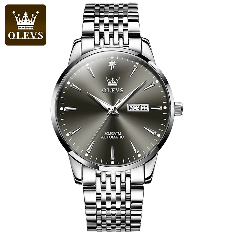 OLEVS Men Watch Stainless Steel Top Brand Fashion Business Watch 30M Waterproof Luminous Weekly Calendar Mechanical Watch Reloj